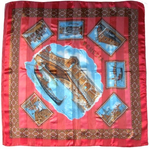 Grand bandana vintage rouge Venezia Italie foulard carré à rayures en satin avec peintures de scène de Venise bandana vintage italien des années 80 (A080)