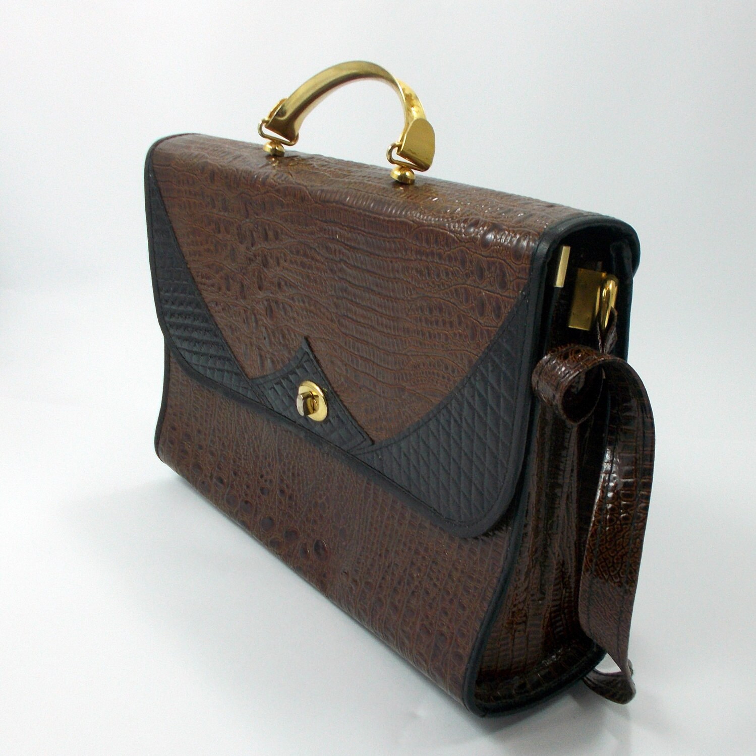 Sac à Main Bandoulière Vintage Années 80 - Crocodile Véritable Petite écaille - Noir - Occasion