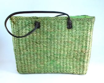 Straw basket bag Large Green vintage straw bag Woven corn husk tote Shoulder shopping bag Top handle bag Sisal market bag T031