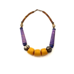 Vintage Carved Bone Tribal Necklace: Orange, Violet, and Resin Beads