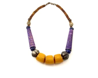 Orange violet large beads Carved bone necklace Vintage resin handmade Hand carved tribal amulet necklace boho statement jewelry JN 011