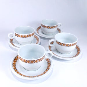 Vintage Set of 4 tea cups, 70s Vintage coffee cups, Tea set with plates, Coffee set with 2 extra cups as a gift, Retro Kitchen decor, Dots