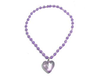 Purple beaded heart pendant necklace vintage plastic balls adult or child Jewelry transparent lilac color pearls necklace vintage  J N 004