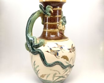 Lotus Dragon vase Large Art Nouveau rare antique porcelain Schutz Cilli barbotine handpainted majolica pitcher Collectible art decor