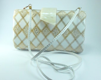 Vintage White & Gold Clutch Bag: Patent Leather Evening Purse