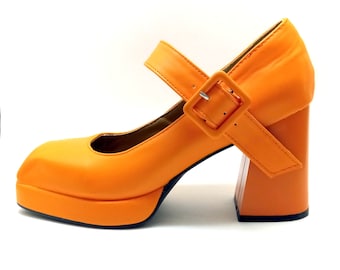 EU 42/43 US 11.5 Platform shoes vintage orange Groovy shoes 90s retro 70s Mary Jane sandals Italian disco plus size block heel shoes