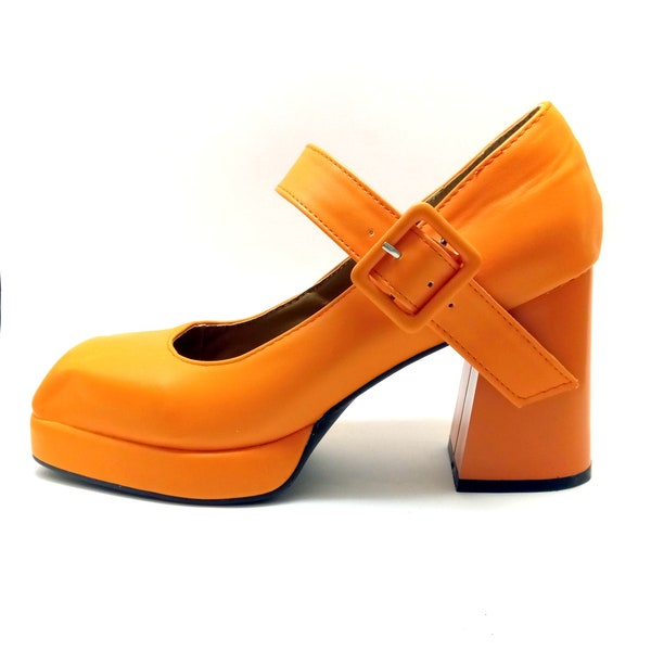 EU 42/43 US 11.5 Platform shoes vintage orange Groovy shoes 90s retro 70s Mary Jane sandals Italian disco plus size block heel shoes