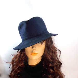 Vintage Midnight Blue Fedora Hat: Angora Wool Felt, Back Bow
