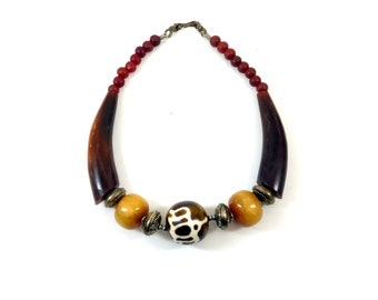 Carved bone necklace Vintage handmade Tibetian Hand carved batik bone tribal amulet necklace boho statement jewelry JN 009