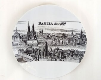 Basel Switzerland Memorabilia Basilea 1639 Vintage porcelain plate souvenir antique scene wall decor plaque handmade Collector's Plate K 006