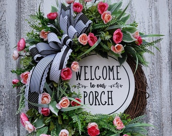RESERVED For Jama C.!!! Welcome  Wreath, Summer Floral and Greenery Front door Wreath, Pink Coral Door Wreath, Cottage style wreath