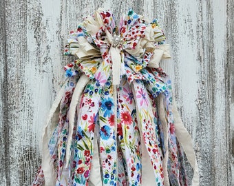 Floral Fabric Rag bow, Shabby Rag Bow, Farmhouse Decor, Spring Summer Decoration, Chic Wreath Bow, Rustic Wedding Decor