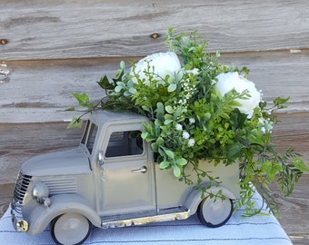 Farmhouse Truck Arrangement, Rustic Metal truck floral decor, Wedding arrangement, Peony Table top truck centerpiece