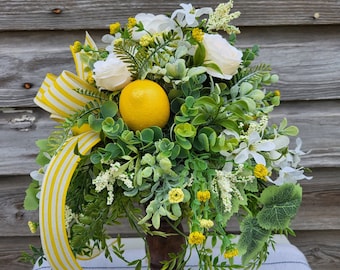 Lemon Candlestick Arrangement,  Farmhouse Lemon Centerpiece, Everyday Table Floral Decor, Kitchen Dining Decor