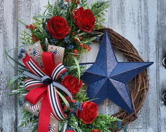 Patriotic Summer Wreath, Red Cabbage Rose Star Wreath, Summer front door wreath, 4th of July Grapevine Wreath