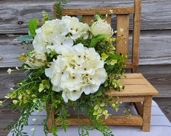 Hydrangea Farmhouse Arrangement, Rustic Wooden Bench with Florals and Greenery, Farmhouse Table Top Decor