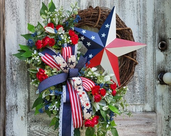 Patriotic Summer Wreath, Farmhouse July 4th Wreath, American Star and Floral Decor Front Door Decor, Fourth of July Porch Decor