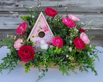Dough Bowl Spring Arrangement, Pink Ranunculus Floral Arrangement, Cottage Garden Birdhouse Centerpiece,