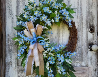 Blue Spring Summer Floral Blossom Wreath, Front Door Grapevine Porch Decor, Blue and White Door Decor