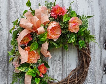 Spring Summer Wreath, Peach Floral Wreath, Front Door Wreath, Mother's Day Wreath, Grapevine Wreath