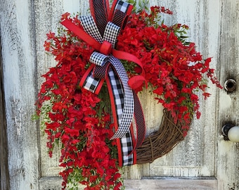 Summer Wreath for Front Door, Summer Floral Decor, Everyday Grapevine Wreath, Red Flower Weath with Buffalo Check Bow