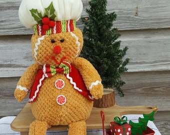 14&quot; Sitting Gingerbread Man, Christmas Holiday decor, Stuffed Shelf Sitter, Wreath embellishment, Gingerbread home decor, Christmas Plush