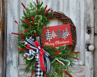 Floral Merry Christmas Wreath for Front Door, Red Black Christmas Wreath, Holiday Grapevine Decor, Indoor Outdoor Decorations