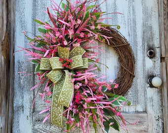 Pink Wildflower Spring and Summer Wreath, Floral Grapevine Wreath, Front door Wreath, Mother's Day Gift