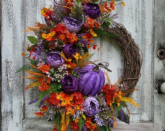 Fall Purple Pumpkin Peony Wreath for Front Door, Lavender Eucalyptus Floral Decor, Autumn grapevine wreath
