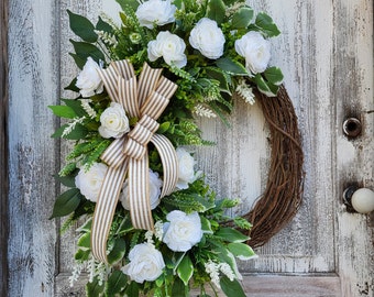 Neutral Spring and Summer Everday Wreath, Year Round Floral Wreath, Wedding Wall Decor, Farmhouse Front Door Wreath