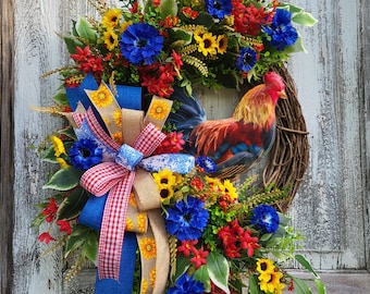 Summer Rooster Wreath, Farmhouse Door Decor, Wreath for Front Door, Floral Summer Grapevine