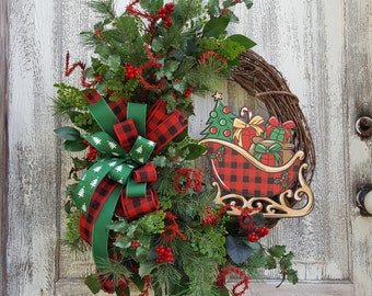 Rustic Buffalo Plaid wreath, Christmas wreath for front door, Santa's Sleigh Wreath, Buffalo check decor