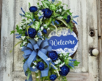 Everyday Front Door Wreath, Spring Summer Welcome Wreath, Floral and Greenery Wreath, Blue and White Door Decor, Chinoiserie Cottage wreath