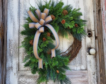 Rustic Winter Greenery Wreath, Holiday Evergreen Front Door Decor, Christmas Pine Cedar Wreath, Seasonal Grapevine Decoration