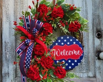 Patriotic Geranium wreath, 4th of July Summer Front Door Wreath, Welcome Floral Decor, Independence Day Grapevine Wreath