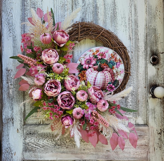Mauve Peony Fall Wreath, Bohemian Pink Pumpkin Door Decor
