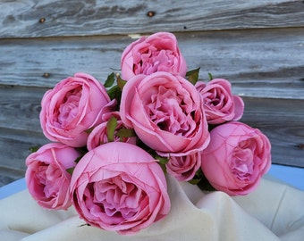 19" Artificial Silk Cabbage Rose Bush X9 Stems, Pink Wedding Flowers, Faux Florals for Wreaths