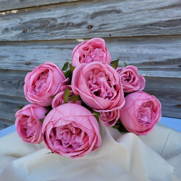 19" Artificial Silk Cabbage Rose Bush X9 Stems, Pink Wedding Flowers, Faux Florals for Wreaths