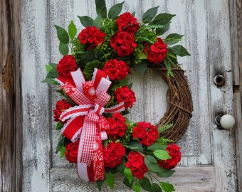 Red Geranium wreath, Summer Front Door Wreath, Summer Floral Decor, Grapevine Wreath