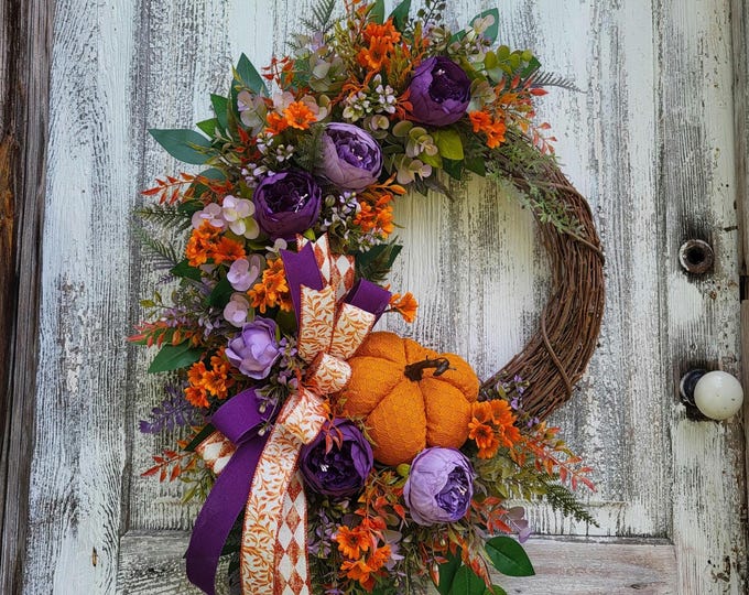 Fall Peony Wreath for Front Door, Orange Pumpkin Floral Grapevine ...