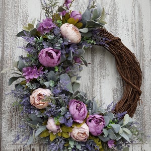 Lavender Peony wreath, Peony Wreath, Farmhouse wreath, Spring Summer wreath, Peony front door wreath, Lambs ear eucalyptus wreath