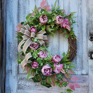 Mauve Peony Wreath, Farmhouse Grapevine Front Door Decor