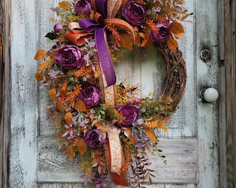 Fall Peony Wreath for Front Door,  Autumn Purple and Orange Floral Door Decor, Handmade Grapevine Wreath, Thanksgiving Holiday Decoration