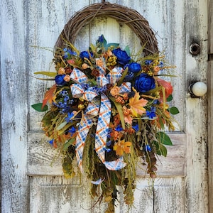 Blue Fall Wreath for Front Door Rustic Autumn Wreath Grapevine Wreath with Ranunculus and Maple Leaves