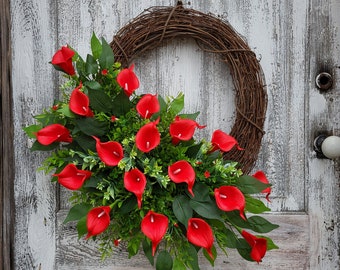 Summer Calla Lily Wreath For Front Door, Red Floral Door Decor, Grapevine Wall Decor, Indoor Outdoor Wedding Wreath