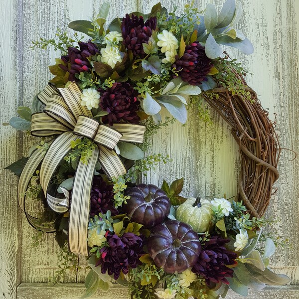 Plum Fall wreath for front door, Mum and lambs ear wreath, Pumpkin wreath, Autumn wreath, Fall home decor, Farmhouse wreath