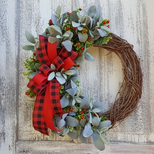 Christmas Farmhouse Wreath, Front door wreath, Lamb's ear Berry Wreath, Buffalo Plaid Wreath, Buffalo check home decor