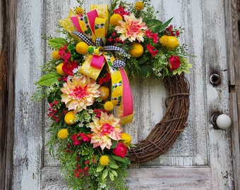 Lemon Front Door Wreath, Dahlia Floral Summer Wreath, Yellow Grapevine Door Decor, Lemon and Greenery Wreath, Pink Lemon Decoration