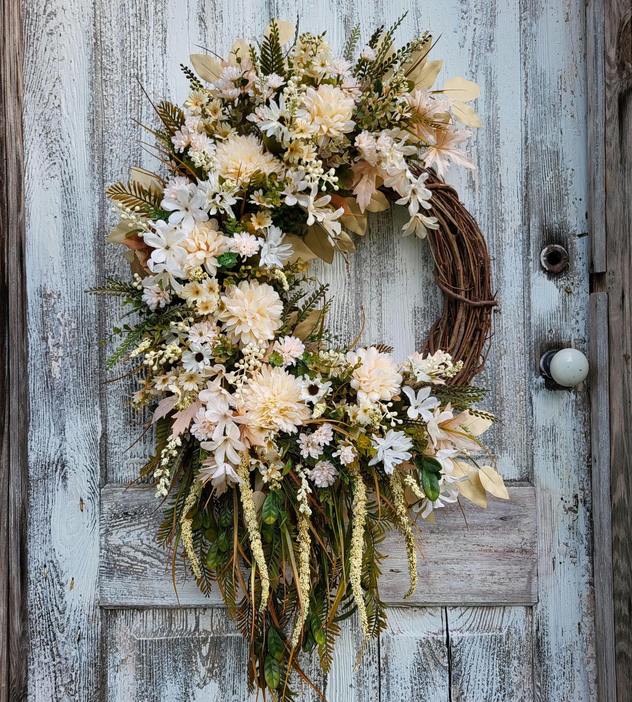Couronne de porte automne neutre pour décoration de porche crème guirlande florale de vigne d'automne à suspendre murale de ferme rustique