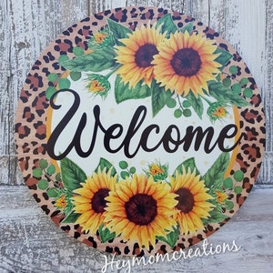 12&quot; Metal Sunflower Welcome Wreath Sign with Leopard Print